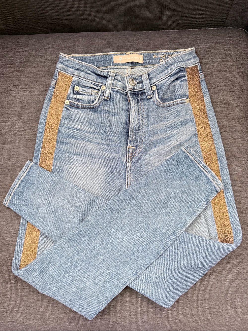 7 For All Mankind Light Blue Skinny Jeans with Gold Side Stripe